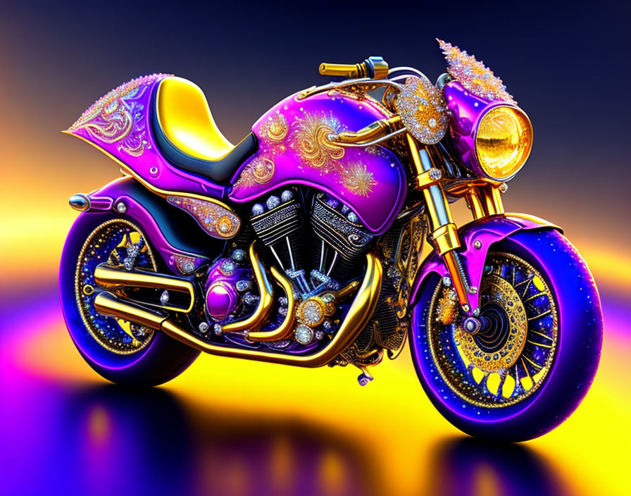 Ornate Purple and Gold Motorcycle with Gemstones on Sunset Background