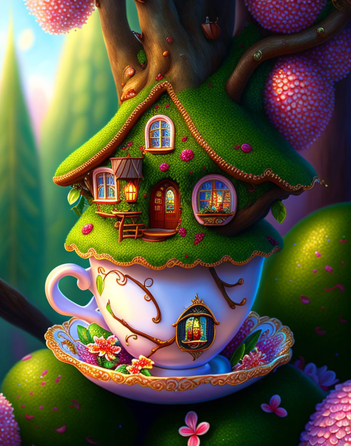 Whimsical treehouse in teacup surrounded by magical forest