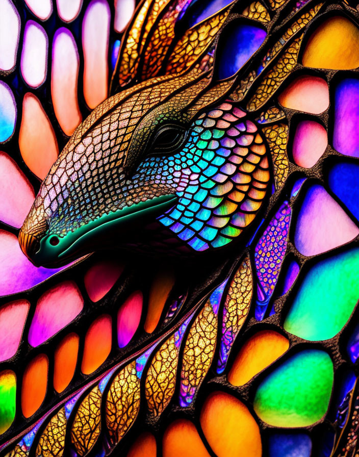 Colorful Reptile Close-Up on Kaleidoscopic Background