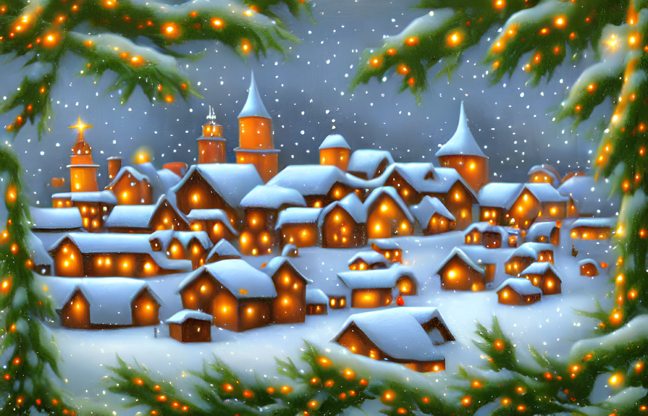 Snow-covered winter village with golden lights and snowfall under night sky