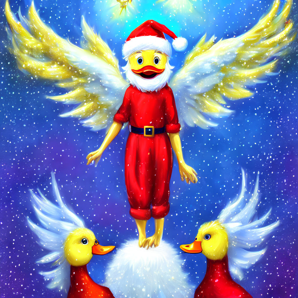 Whimsical Santa Claus Duck Character with Golden Wings and Ducks in Starry Background