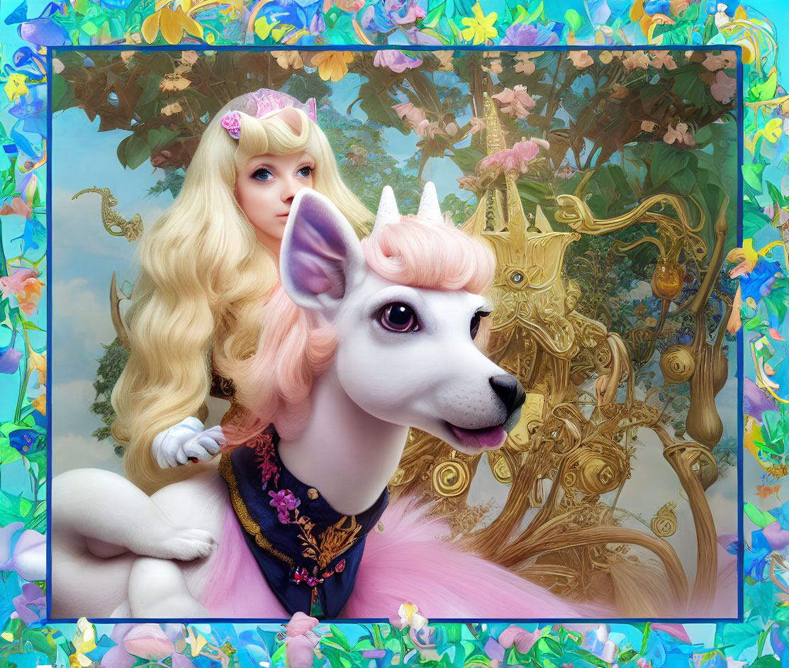 Blonde Woman with Crown Poses with White Unicorn-Like Dog in Floral Setting