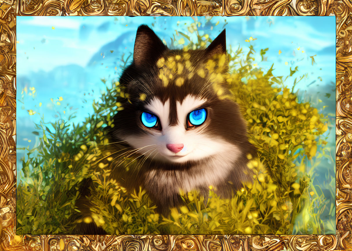 Blue-eyed fluffy cat in black and white fur with yellow flowers in golden frame