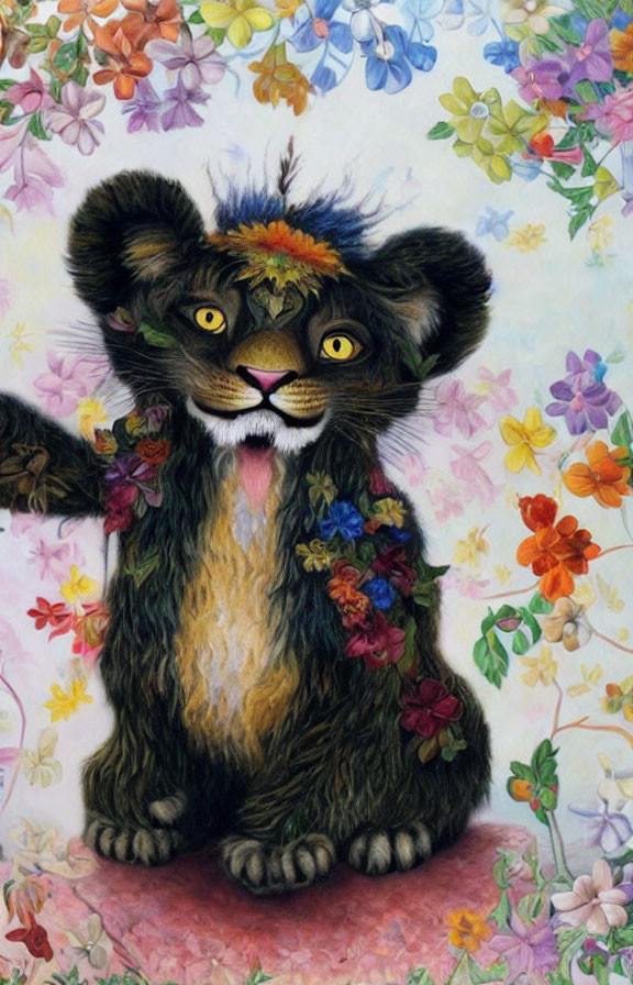 Whimsical lion cub surrounded by vibrant flowers