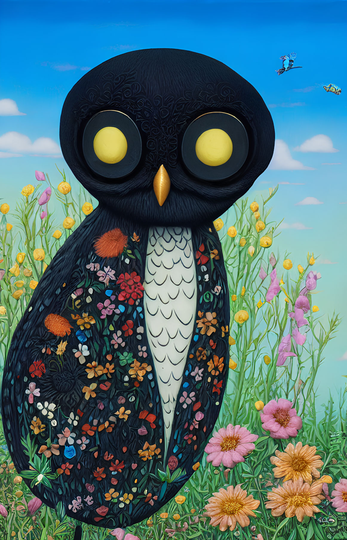 Illustrated owl with floral patterns in vibrant flower field under blue sky