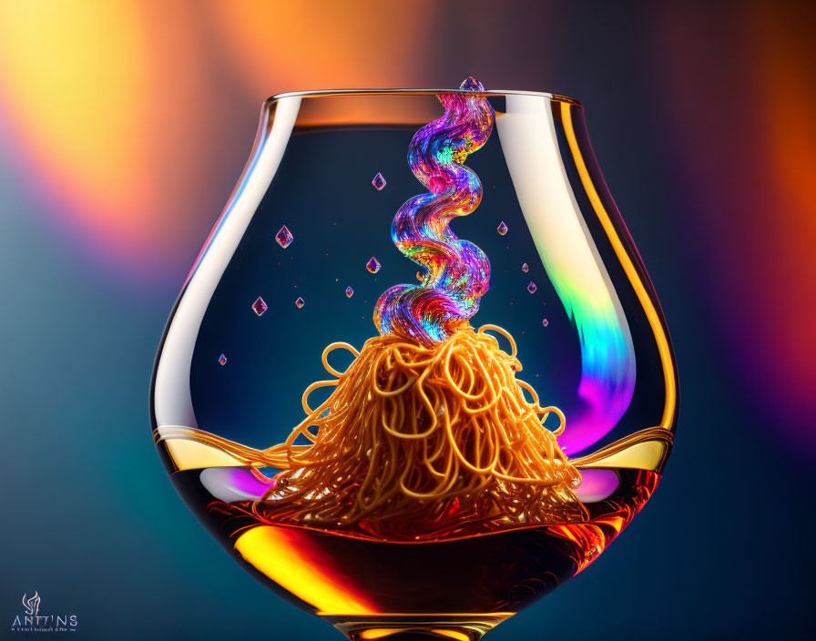 Vibrant digital artwork: swirling vortex in cognac glass