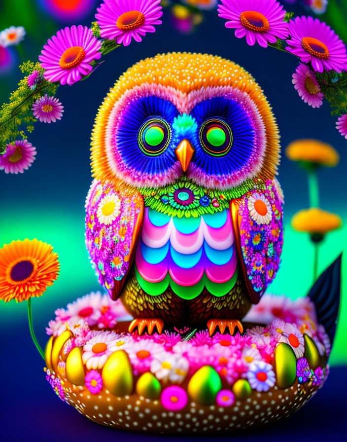 Colorful Owl Illustration Surrounded by Psychedelic Flowers