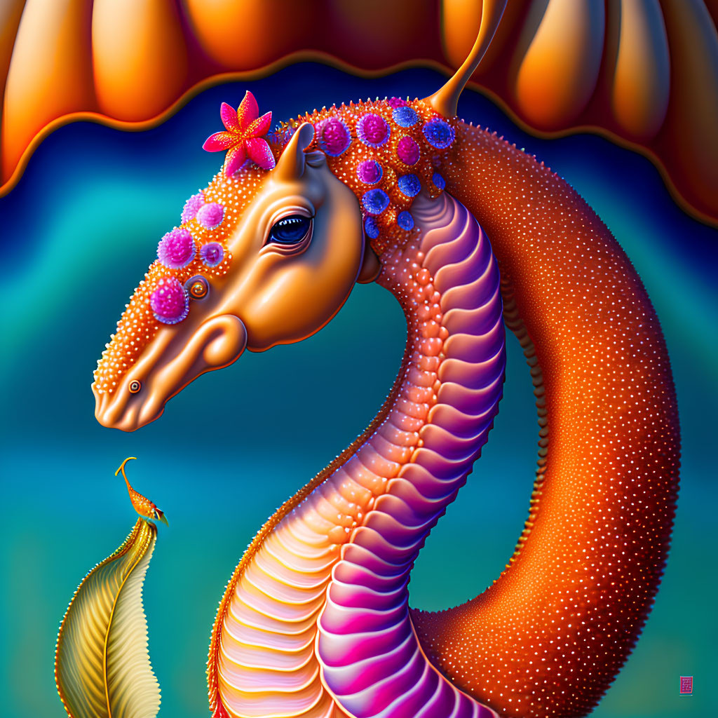 Vibrant seahorse illustration with intricate patterns on abstract aquatic background