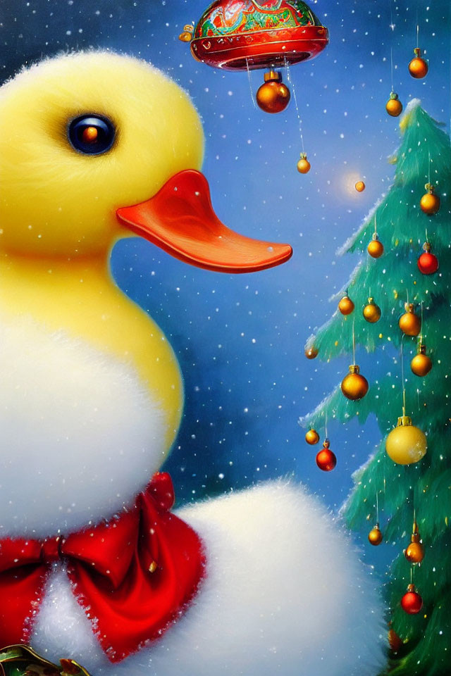 Whimsical Large Yellow Rubber Duck with Christmas Tree