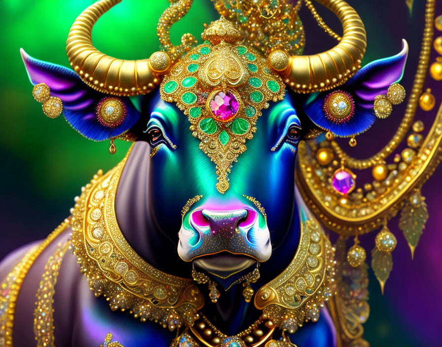 Colorful image of a blue bull with golden horns and ornate jewelry