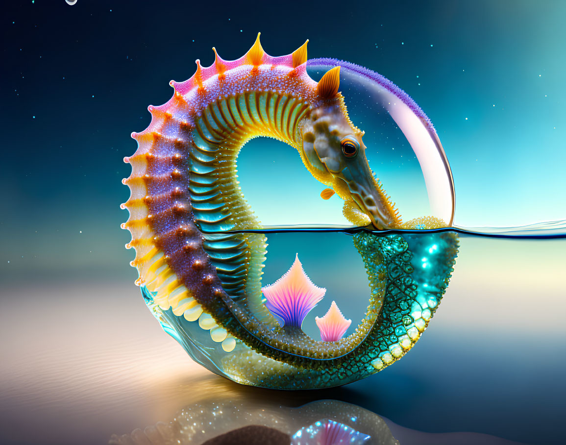 Colorful Surreal Seahorse Illustration with Coiled Tail in Bowl of Water