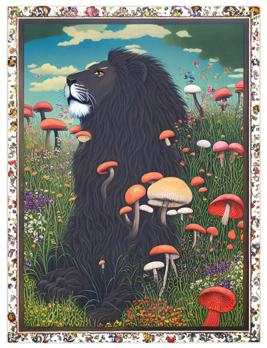 Vibrant illustration of black lion in colorful field