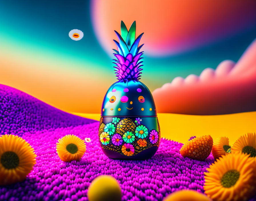 Colorful Pineapple-Shaped Easter Egg in Surreal Landscape