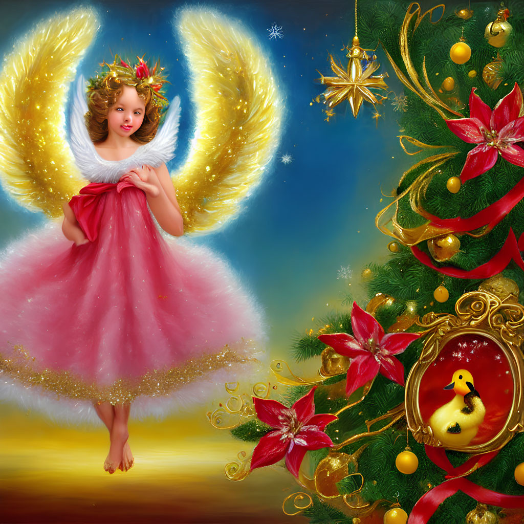 Illustration of angelic child with glowing wings by Christmas tree with golden ornaments and duckling in ba