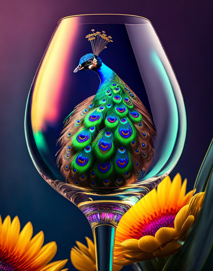 Colorful digital artwork: Peacock feathers in wine glass