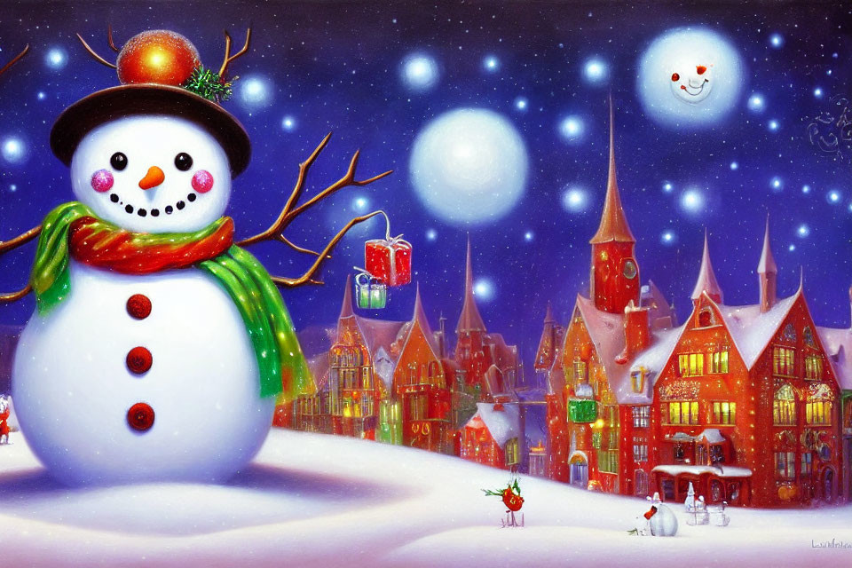 Cheerful snowman with hat and present in snowy village landscape