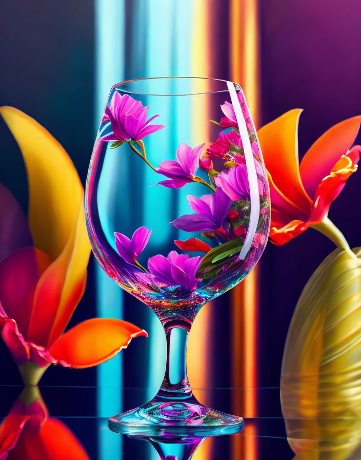 Vibrant pink flowers in clear wine glass on abstract backdrop