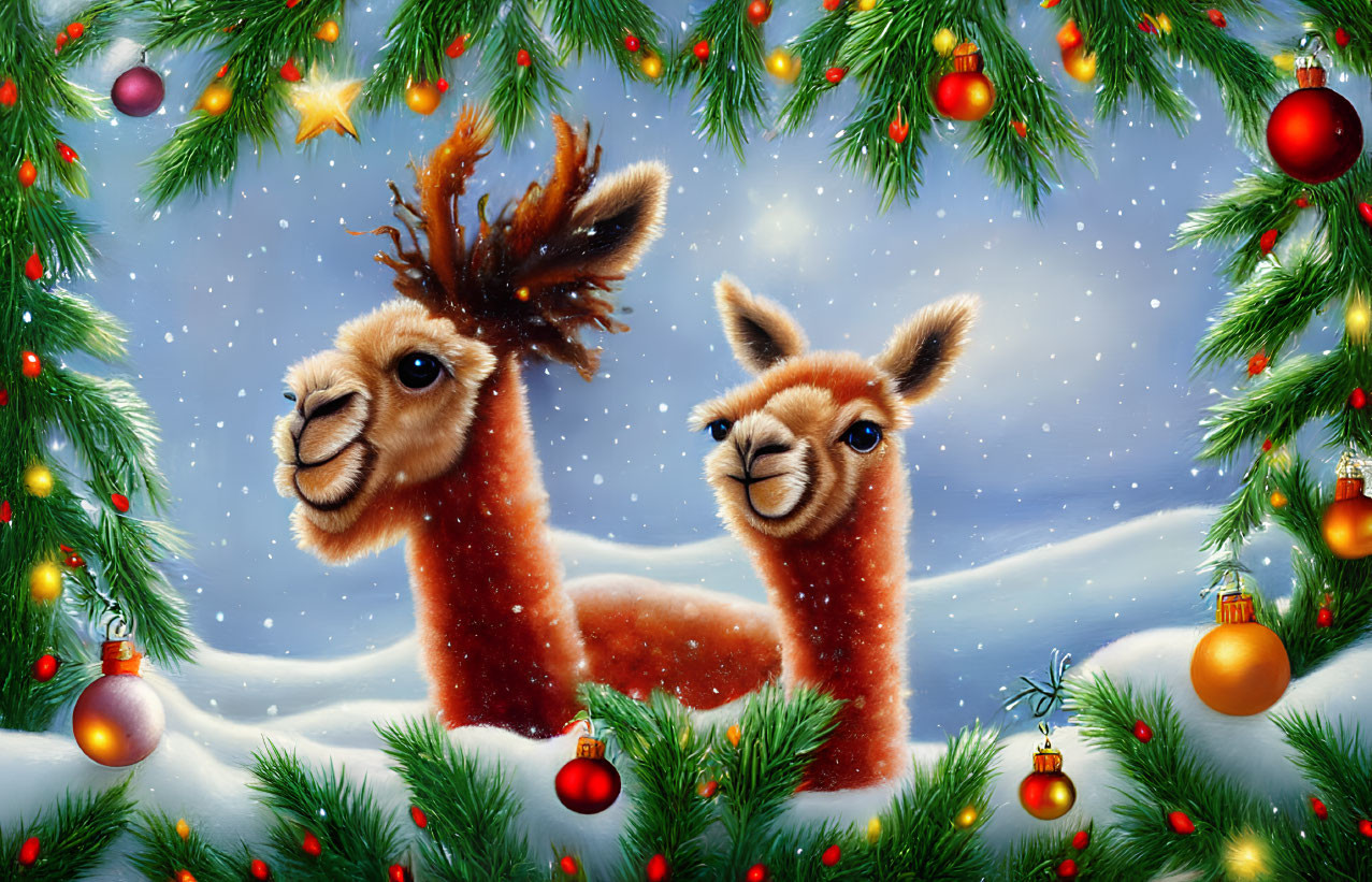 Festive llamas with Christmas decorations in snowy scene