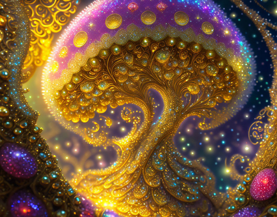 Radiant golden tree in ornate cosmic backdrop with swirling branches