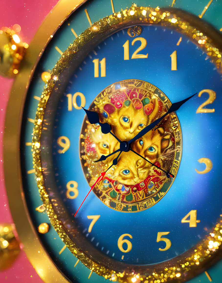 Golden Clock with Cat Faces on Hour Marks and Glittering Details