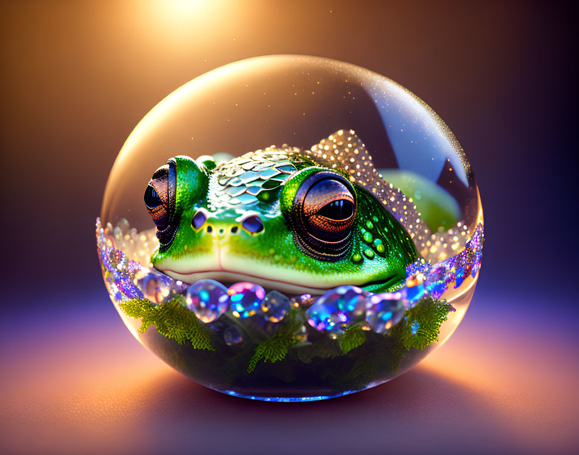 Colorful Frog Captured in Dewy Sphere on Gradient Background