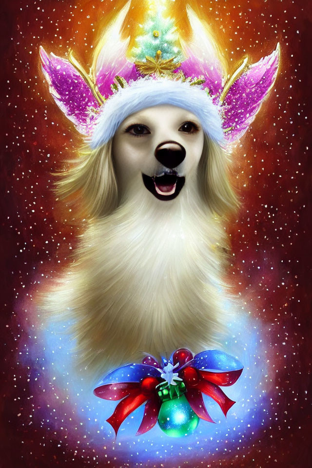 Fluffy white maned dog in festive Christmas tree hat on snowy backdrop