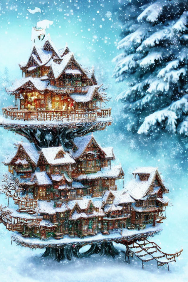 Snow-covered multi-tiered treehouse in winter landscape.