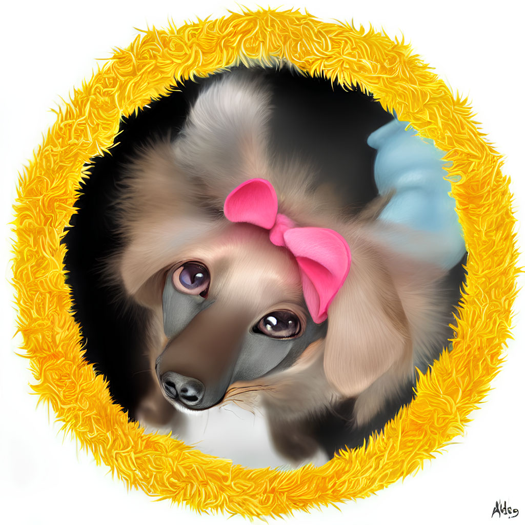 Adorable dog illustration with big eyes, floppy ears, pink bow, and yellow feathery frame