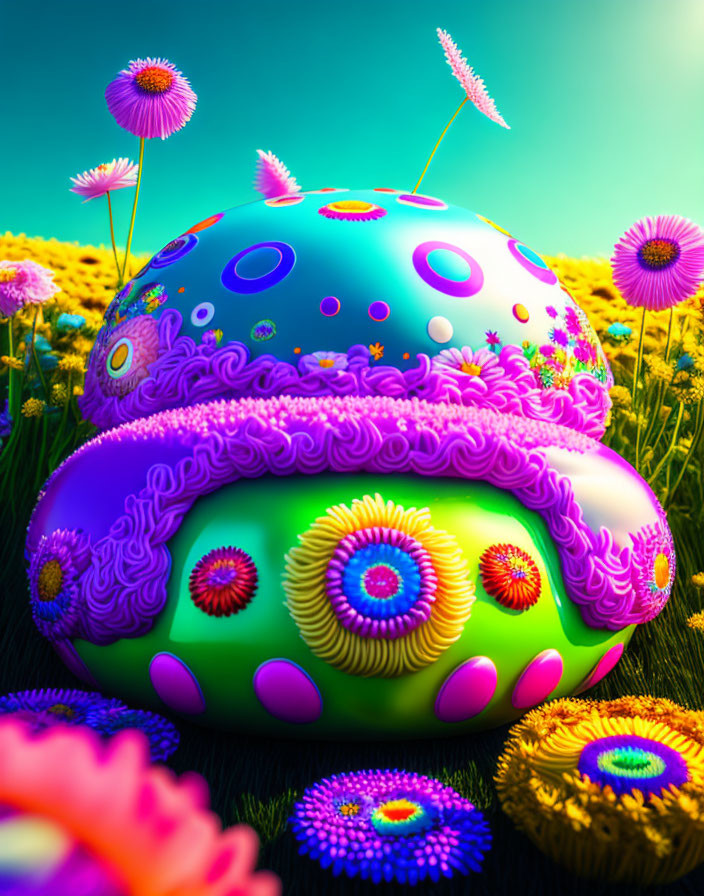 Colorful Alien-Like Mushroom Surrounded by Flowers