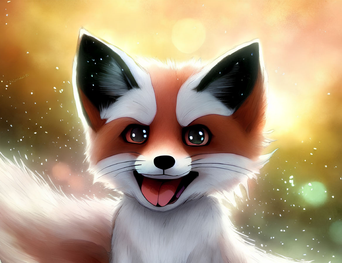 Illustration of a Sparkling-Eyed Happy Fox in Fluffy White and Orange Coat