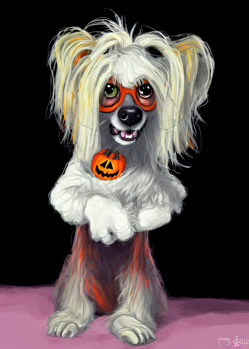 Whimsical white shaggy dog with pumpkin in Halloween theme