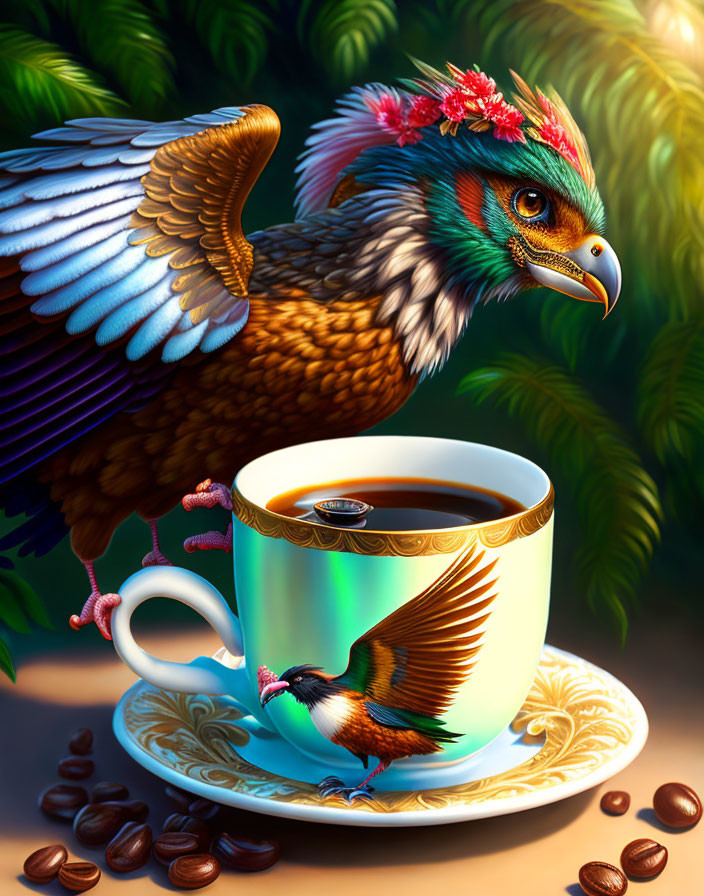 Digital artwork: Bird hybrid perched on coffee cup with beans