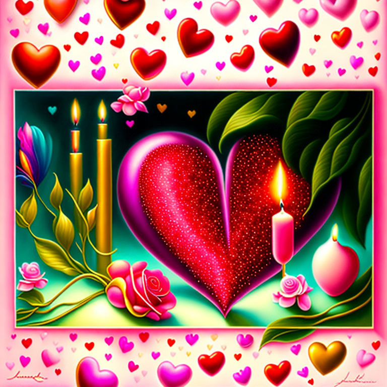 Colorful Artwork with Red Heart, Roses, and Candles on Pink Background