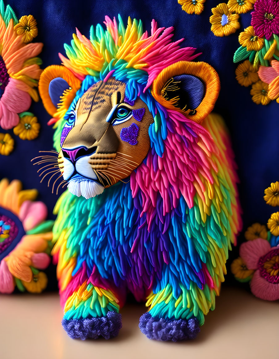 Multicolored rainbow mane lion plush toy on blue background