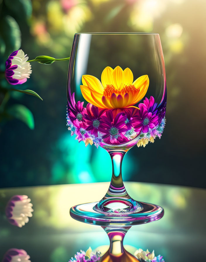 Transparent wine glass with water and yellow & purple flowers on dark bokeh background