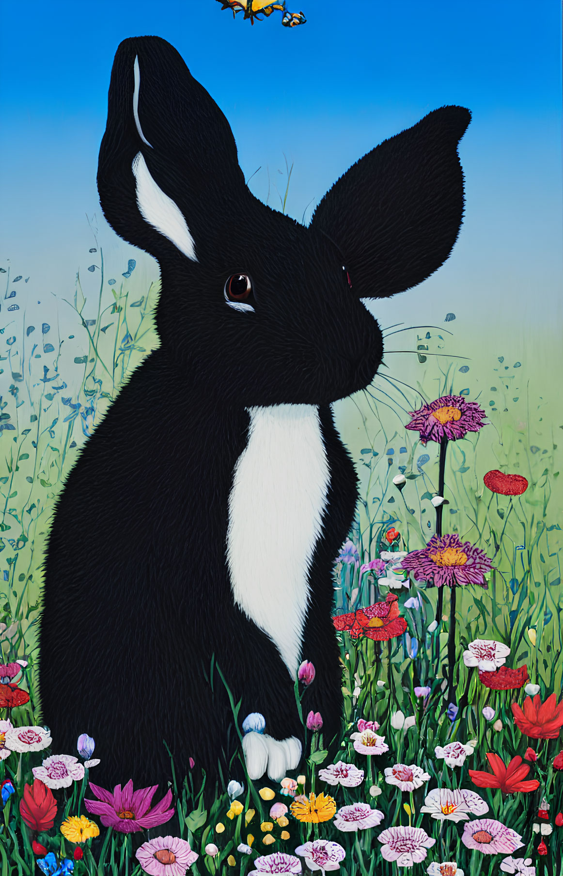 Whimsical oversized rabbit in colorful flower field