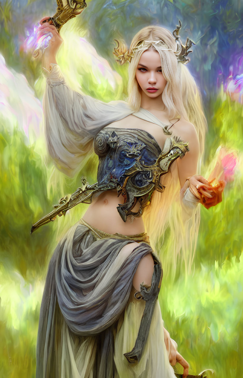 Blond-haired elf woman in antler crown with glowing object & ethereal light