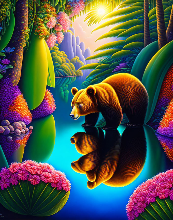 Colorful Bear Illustration by Waterfall and Tropical Flora