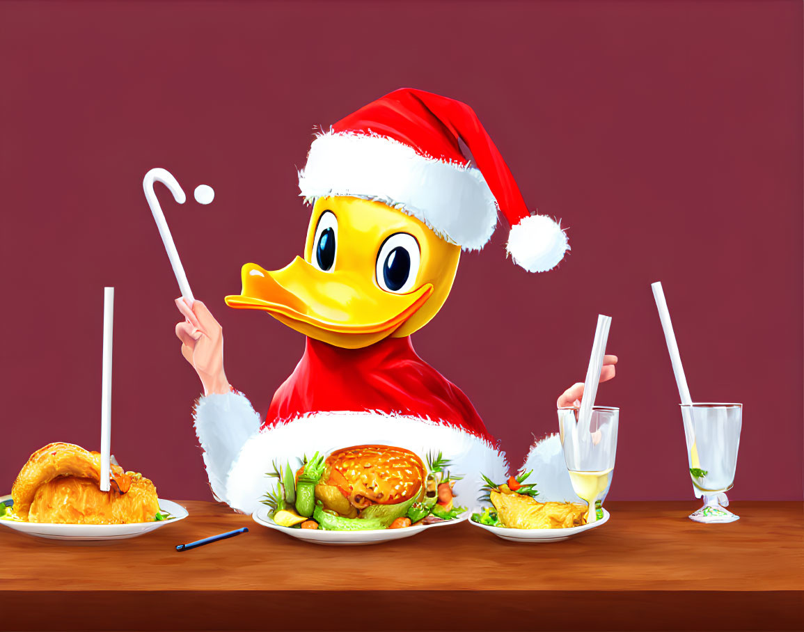 Cartoon duck in Santa hat dining with burger, fries, and drink