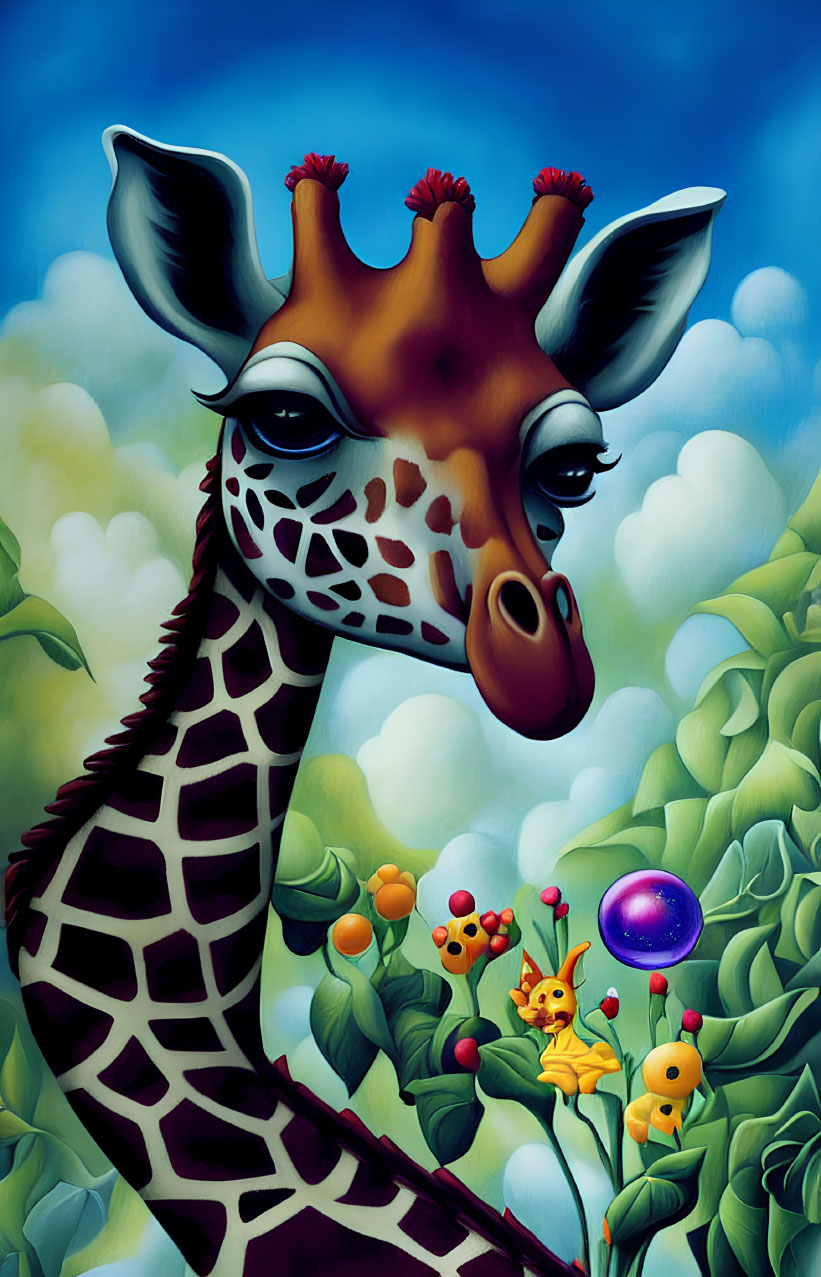 Whimsical giraffe illustration with small yellow creatures in lush greenery