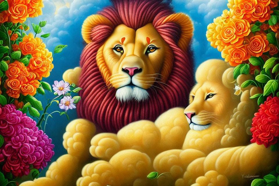 Vibrant illustration of majestic lions among colorful flowers