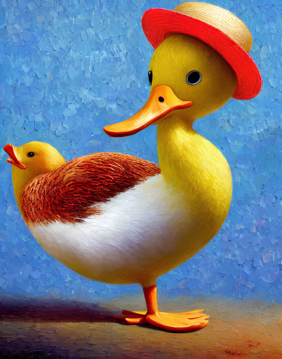 Yellow Duck with Duckling in Striped Hat Illustration