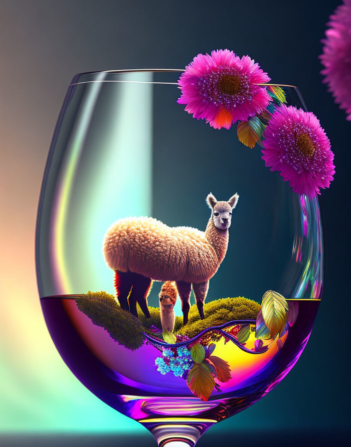 Surreal alpaca and creature in wine glass with pink flowers