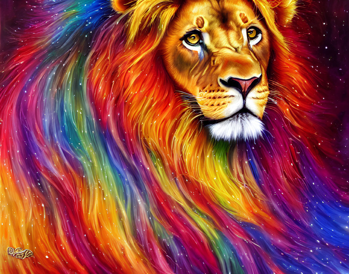 Colorful Lion's Head Painting on Red Background