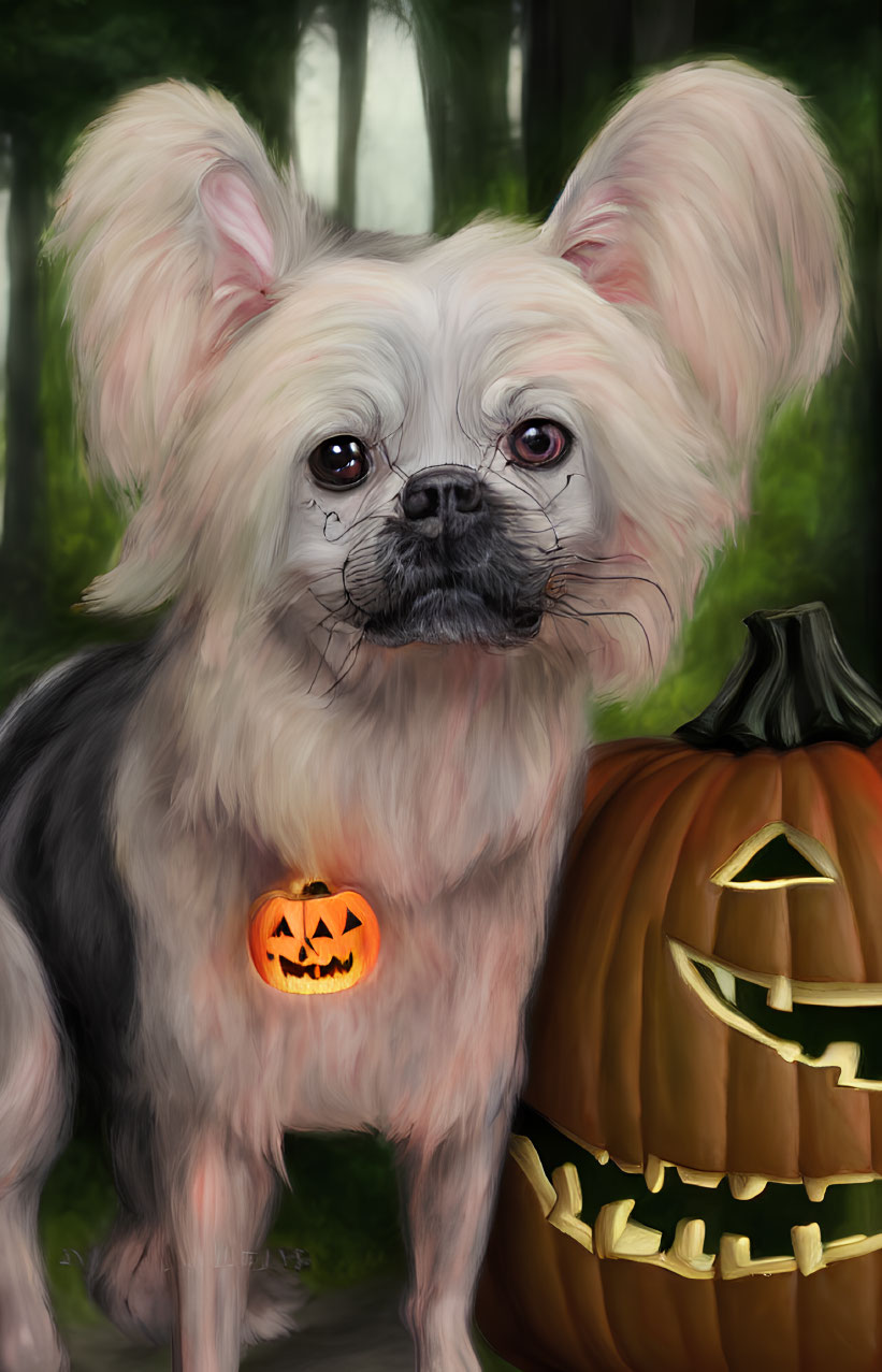 Small fluffy dog with large ears among carved pumpkins in a spooky forest.