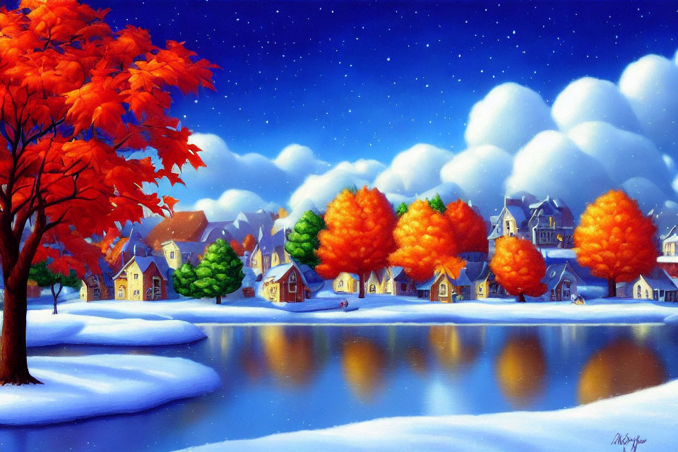 Snowy village painting: Autumn trees, lake reflection, starry night sky