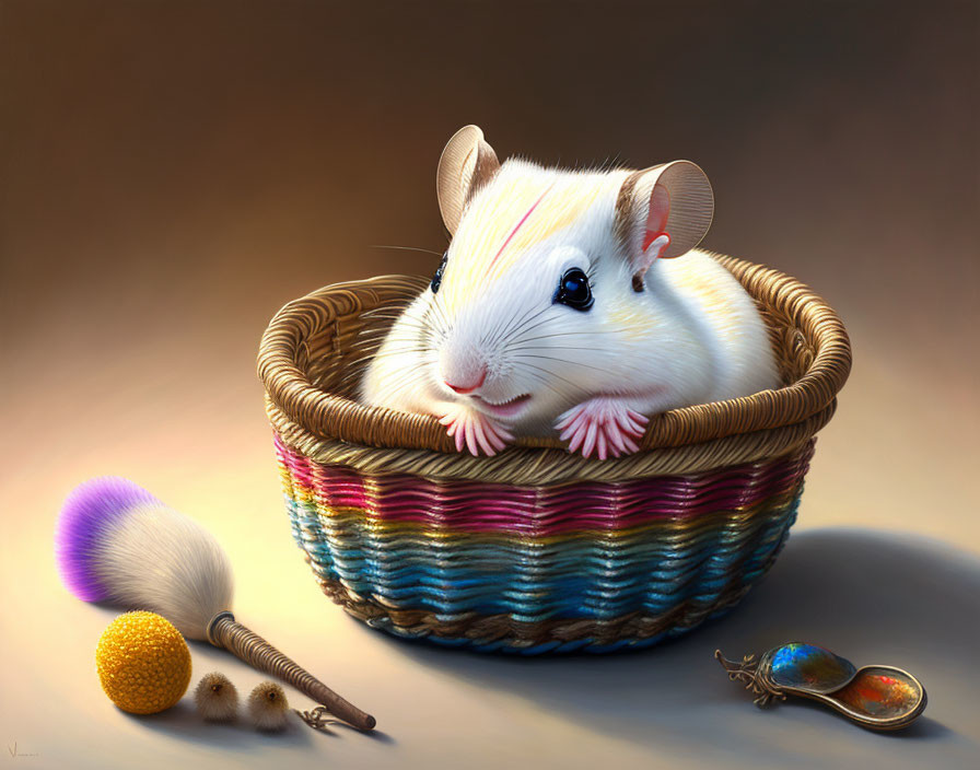 Detailed White Guinea Pig in Colorful Basket with Yellow Fur and Painted Eggs