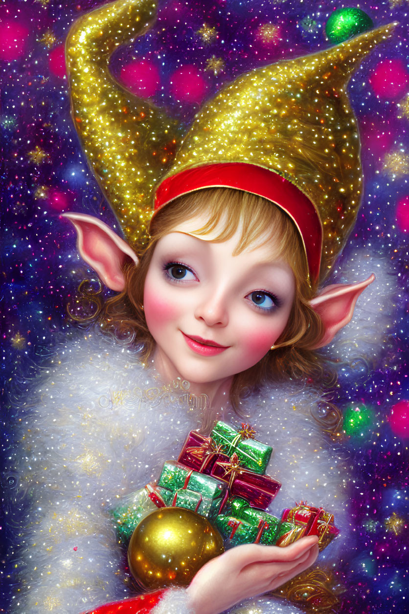 Festive Christmas elf with blue eyes and gold hat holding gifts