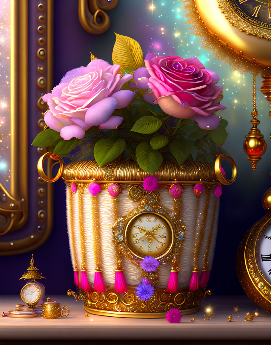 Gold-trimmed clock planter with pink roses on purple background.