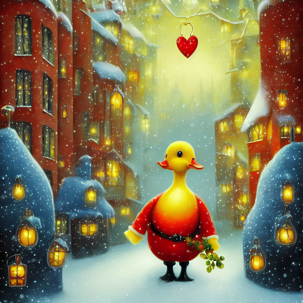 Yellow duck in red festive attire with mistletoe in snowy street scene